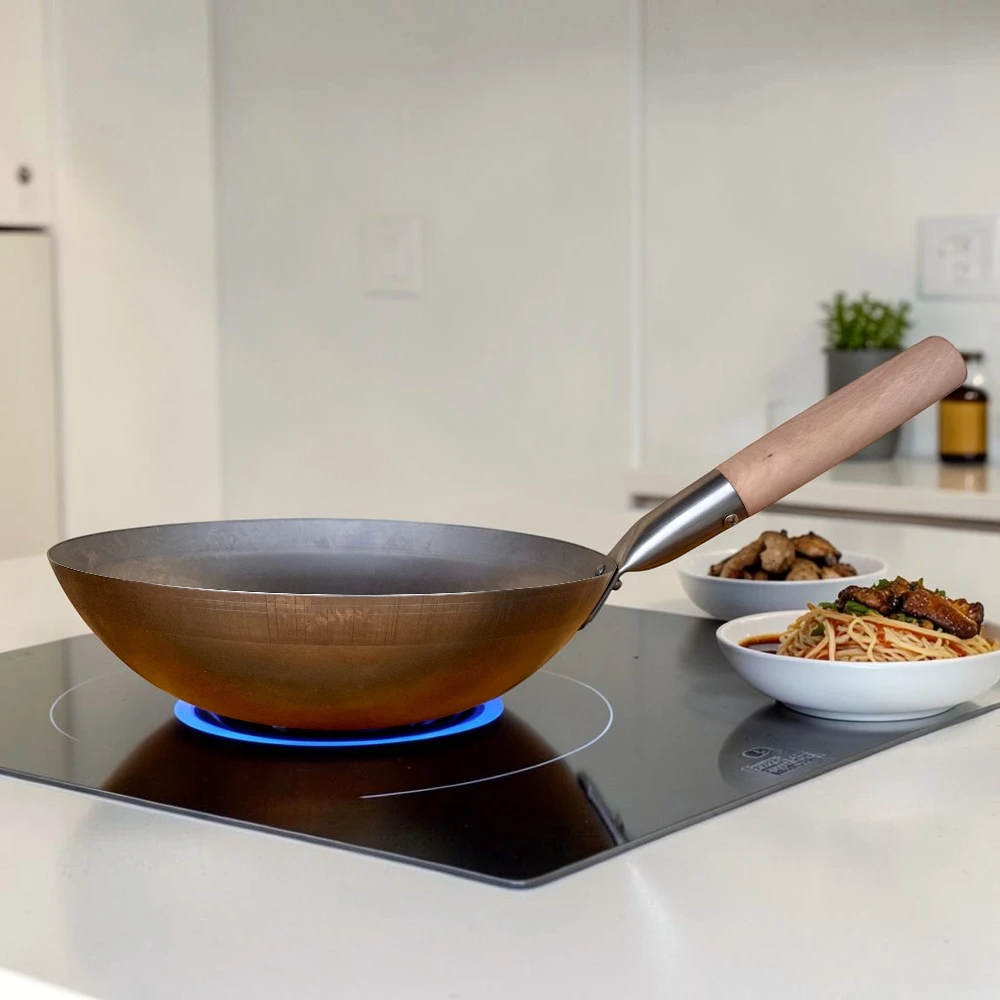 Patelnia wok ze stali węglowej z płaskim dnem 12cali (30cm) INDUKCJA! - obrazek 2