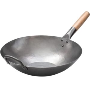Wok Ręcznie Kuty 14cali (35,5cm) Orient Cook z płaskim dnem i drewnianą pokrywką